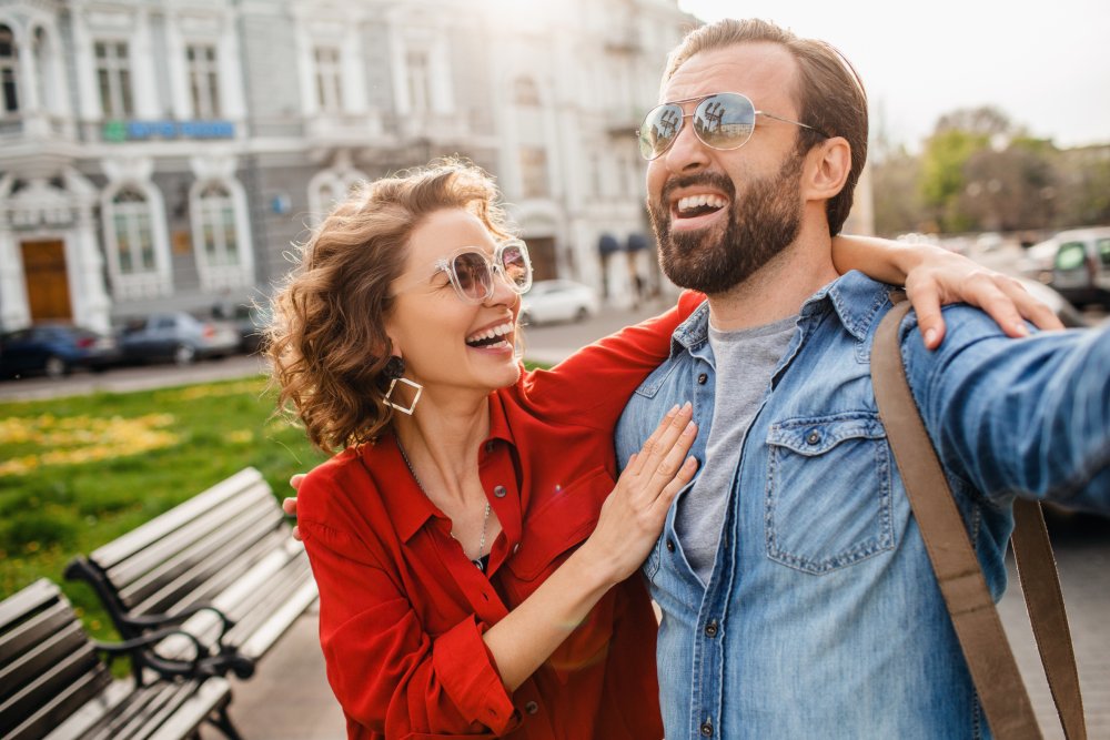 a man and woman travelling